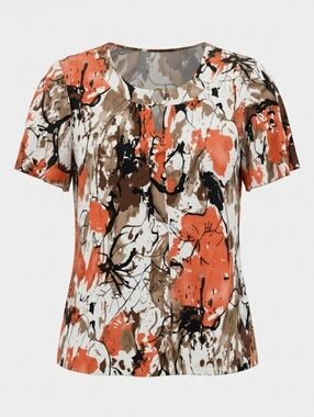 Lindor Petite Women's Short Sleeve Orange Brown White Floral Splash Print Top XL